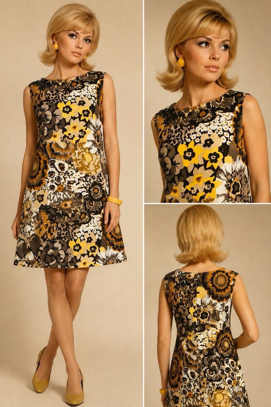 Vintage 60s Handmade Mod Floral Shift Dress Metal Zipper Brown Yellow Jacquard M